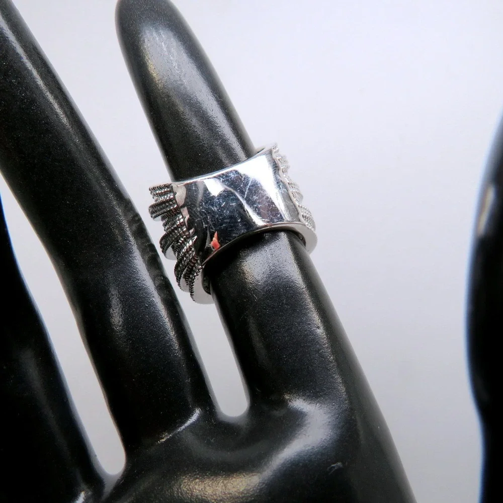 Wide Multi Row Pave Rhinestone Faux Grey Pearl Statement Ring Size 5 Silver Tone
